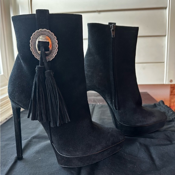 YSL Saint Laurent Janis Western Buckle Concho Ankle Boots Booties Black Suede - Picture 2 of 8